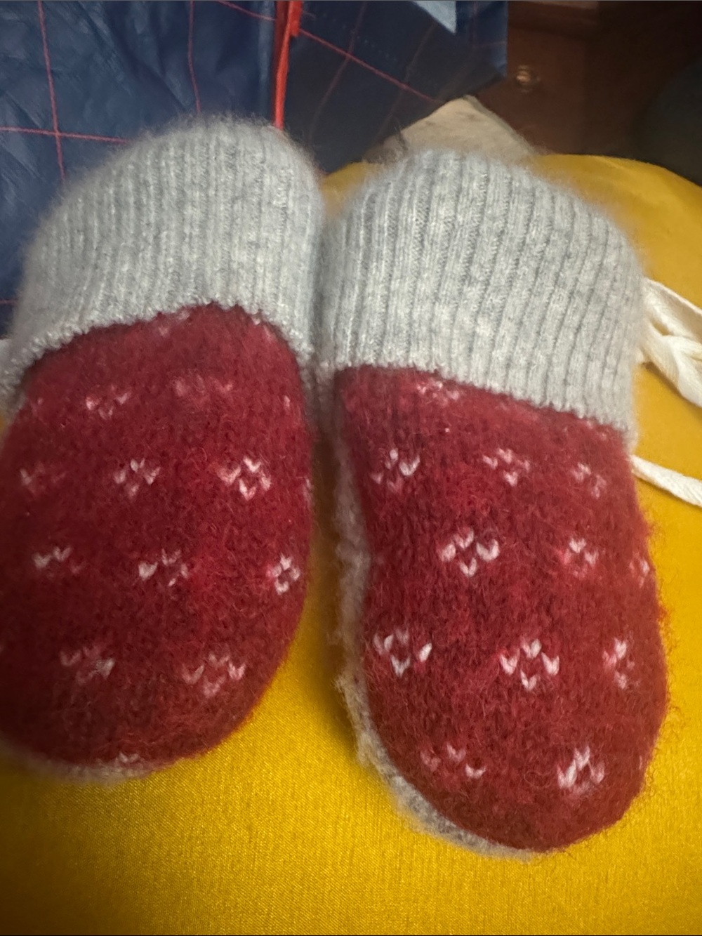 Children's Knit Mittens in Red with Gray Cuffs